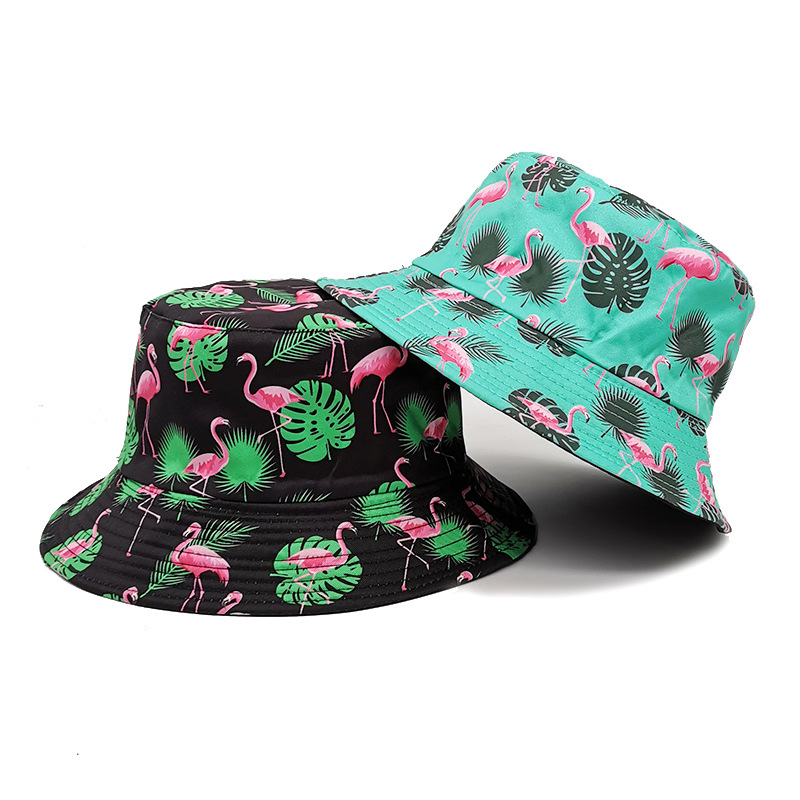 Foreign Trade Female Duplex Printing Tropical Plant Flamingo Pattern Bucket Hat Male Travel Sun-Proof Sun Hat Bucket Hat