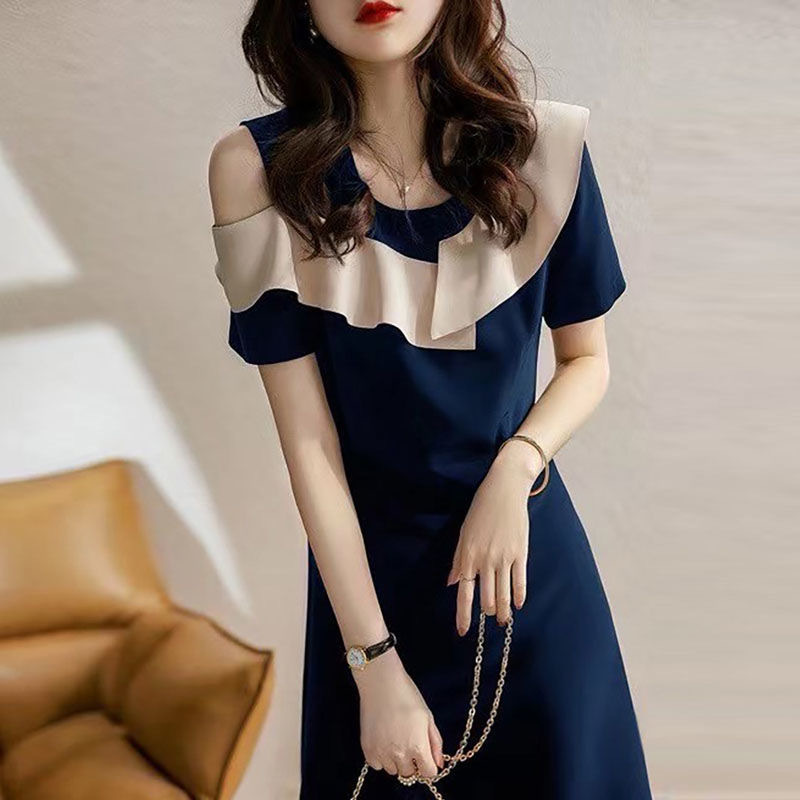 New Ruffled Slimming Dress Women's Summer Black Dress Tight Waist Retro Long Dress Big Brand Acetate Temperament