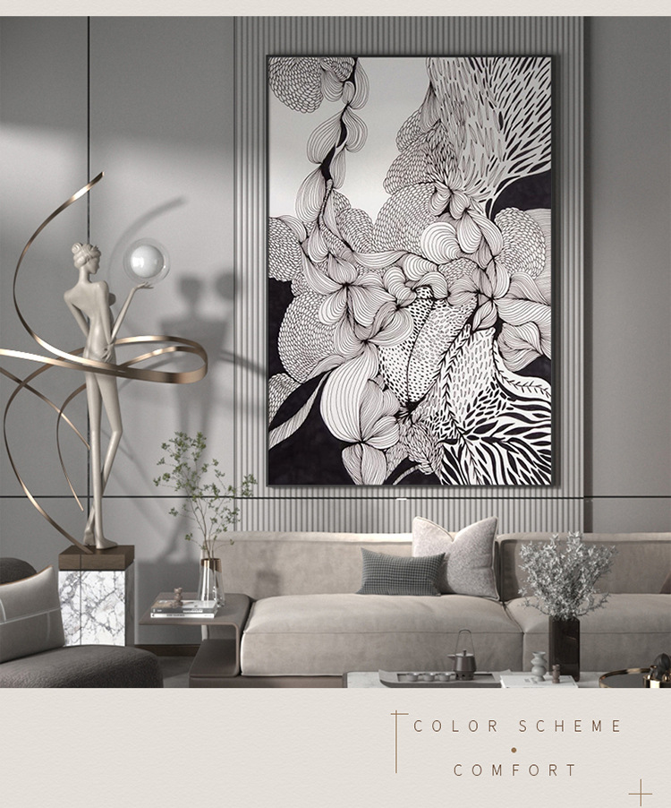 现代轻奢客厅入户玄关装饰画黑白灰线稿繁花艺术背景墙壁竖版挂画