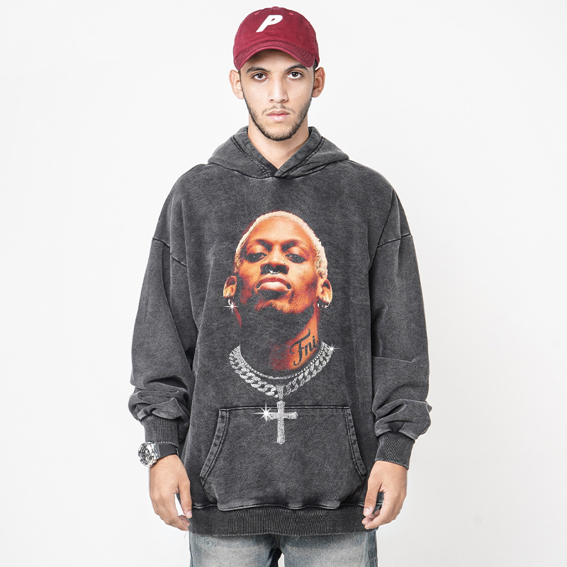 bc美式复古大虫子罗德曼印花水洗做旧连帽衫男重磅街潮连帽卫衣