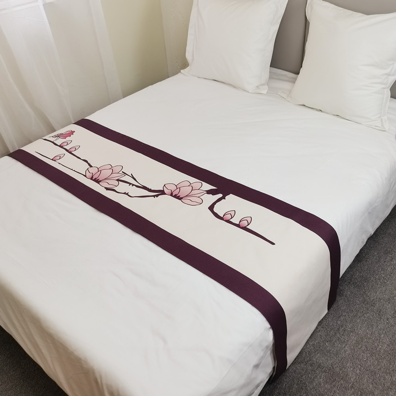 新中式床旗古典水墨荷花床尾巾禅意古风酒店客栈民宿床盖布床尾旗