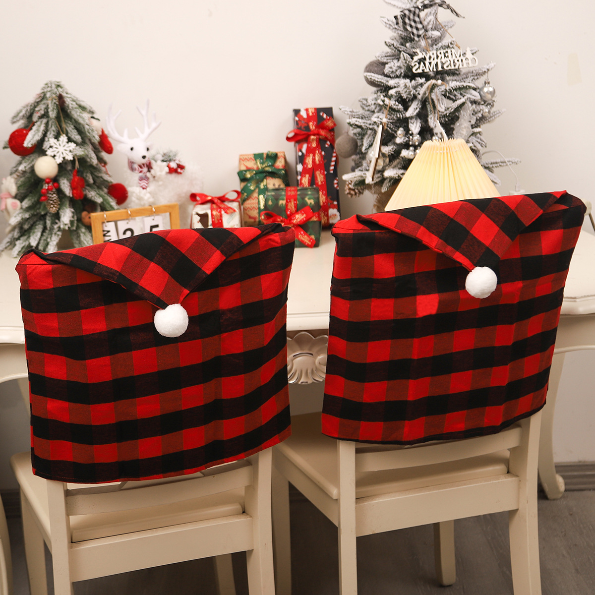 Christmas Decorations New Checked Cloth Chair Cover with Fur Ball Atmosphere Table and Chair Cover Kitchen Dress up Props Wholesale