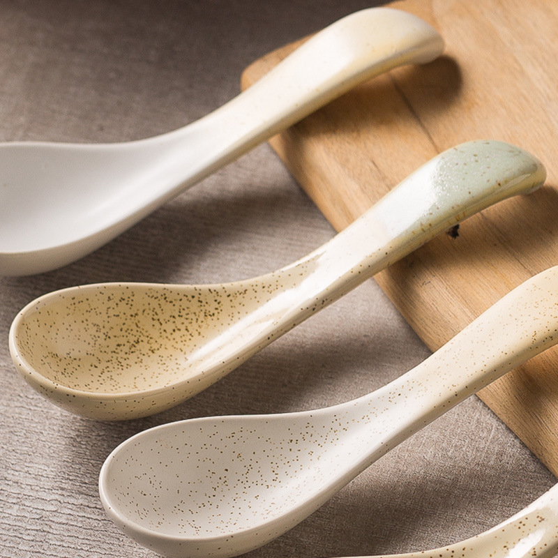 调羹短长柄汤勺家用大小号简约喝粥饭勺子 日式复古哑光陶瓷汤匙