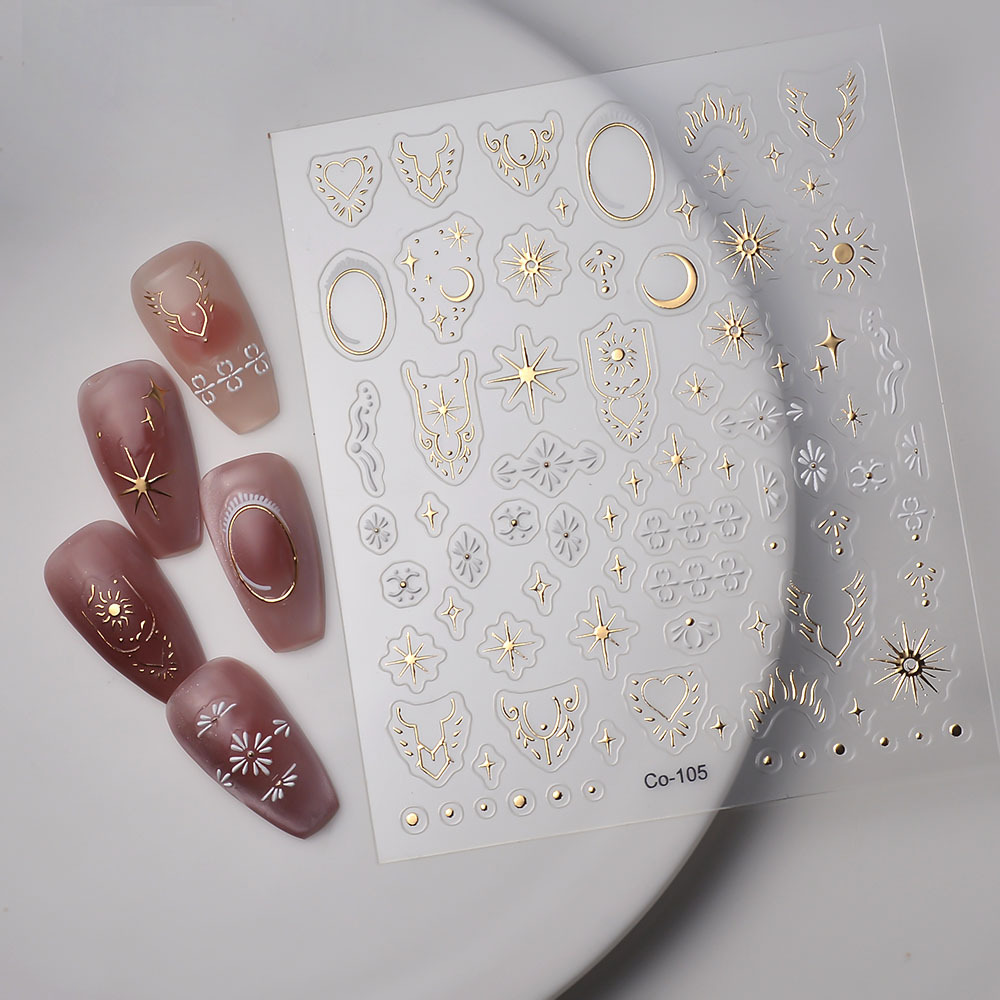 新款超薄烫金小图案美甲贴纸星星太阳流苏复古法式防水美指甲贴花
