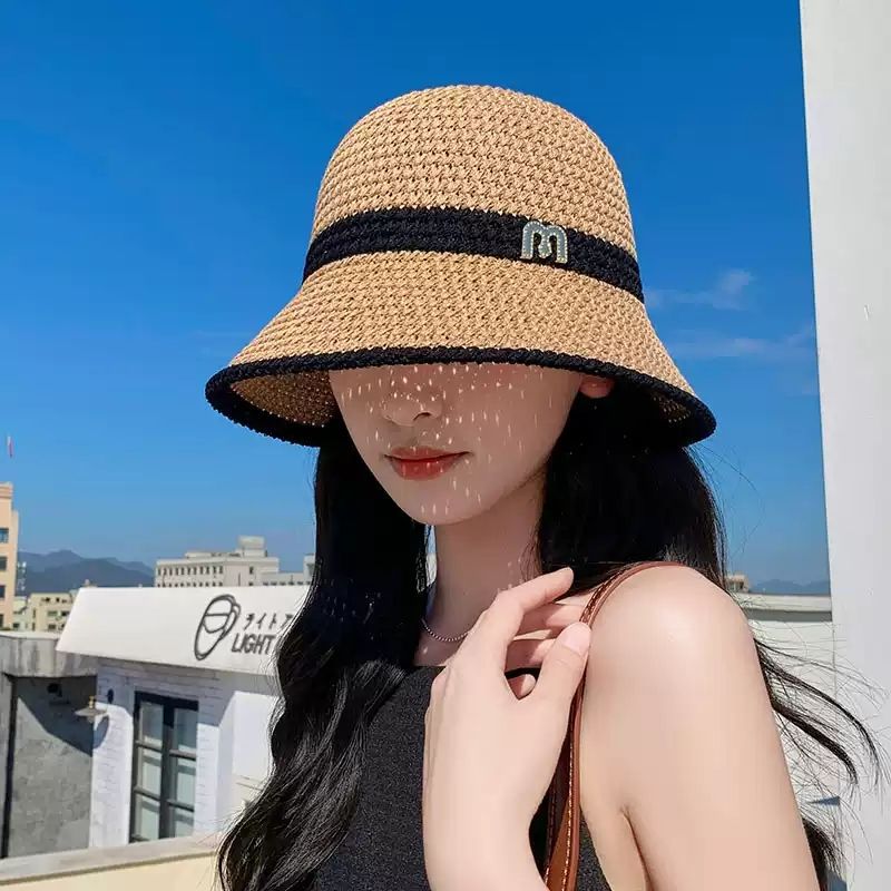 Knitted Summer Hollow Breathable Bucket Hat Women's Letters All-Matching Sun-Proof Sun Protection Hat Breathable Hats