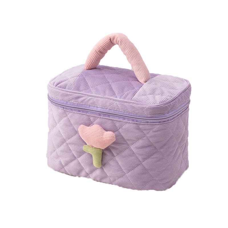 New Corduroy Cosmetic Bag Large Capacity Ins Good-looking Multi-Function Wash Bag Tulip Flower Storage Bag