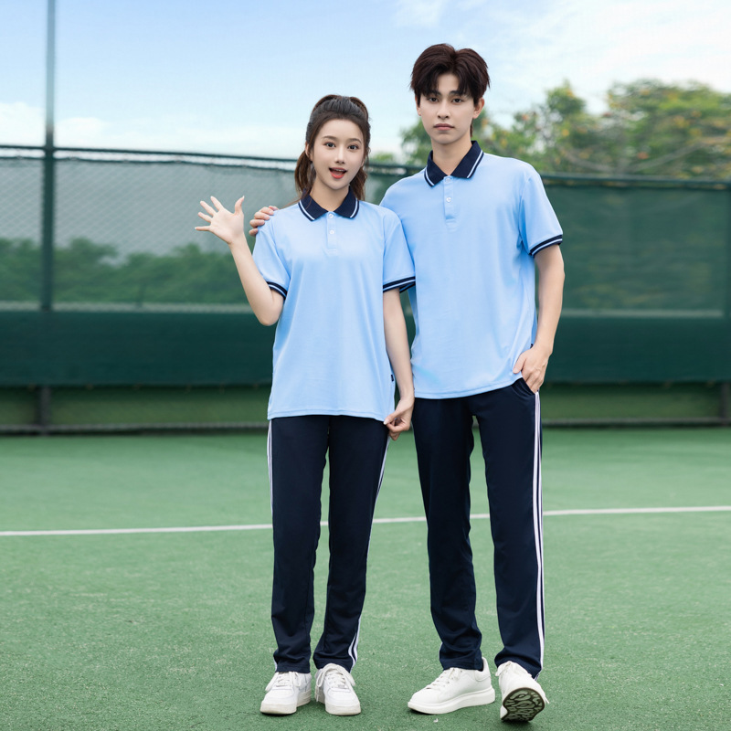 中学生夏季校服短袖t恤套装初中生polo衫高中生浅蓝白上衣半袖