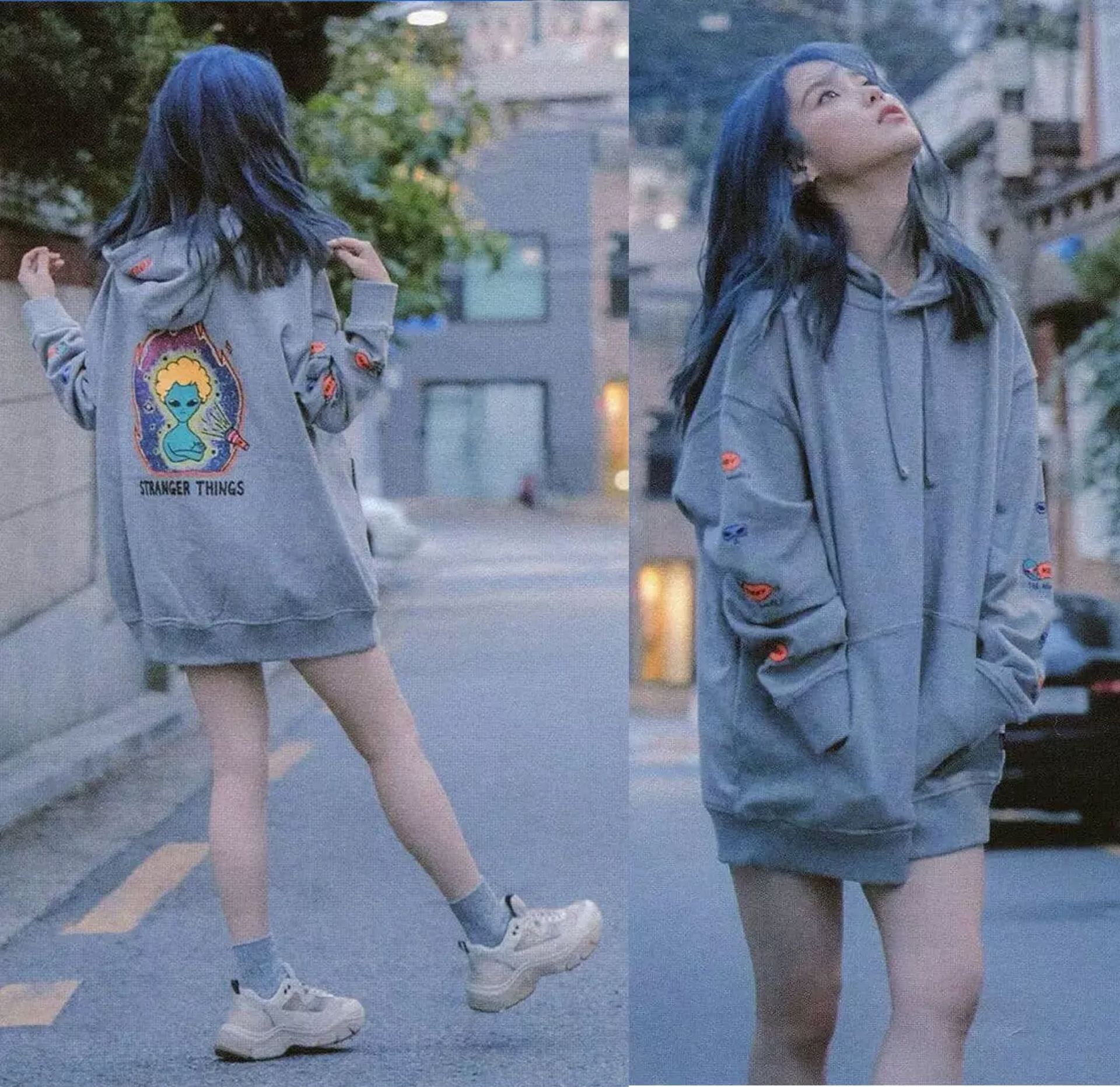 iu李知恩同款慵懒风性感下衣失踪时尚休闲字母连帽印花卫衣外套女