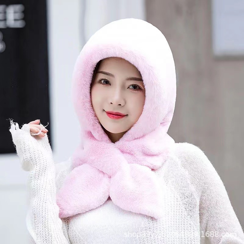 Autumn Winter Hat Scarf Integrated Women's Fleece-Lined Thickened Cold Protection Ear Protection Cycling Cap Plush Warm Scarf Wholesale