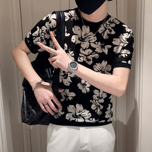 夏季冰丝T恤男短袖韩版潮牌镂空个性花色体恤网眼薄款速干衣服ins