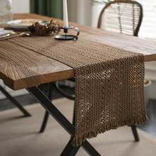 复古棕色编织流苏棉麻美式桌旗桌布茶艺餐垫桌垫轻奢高级感原木风