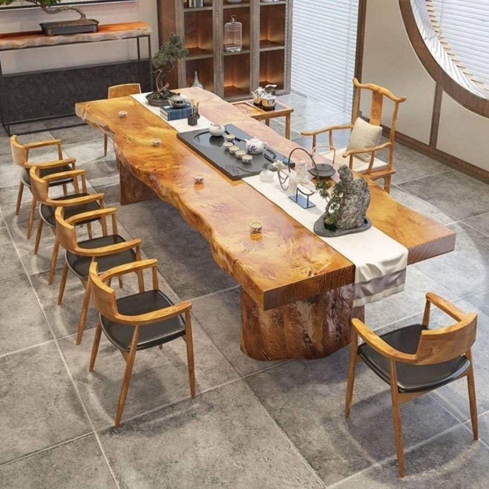 柚木大板茶桌大板桌椅组合实木茶台家用套装仿古现代喝茶办公台