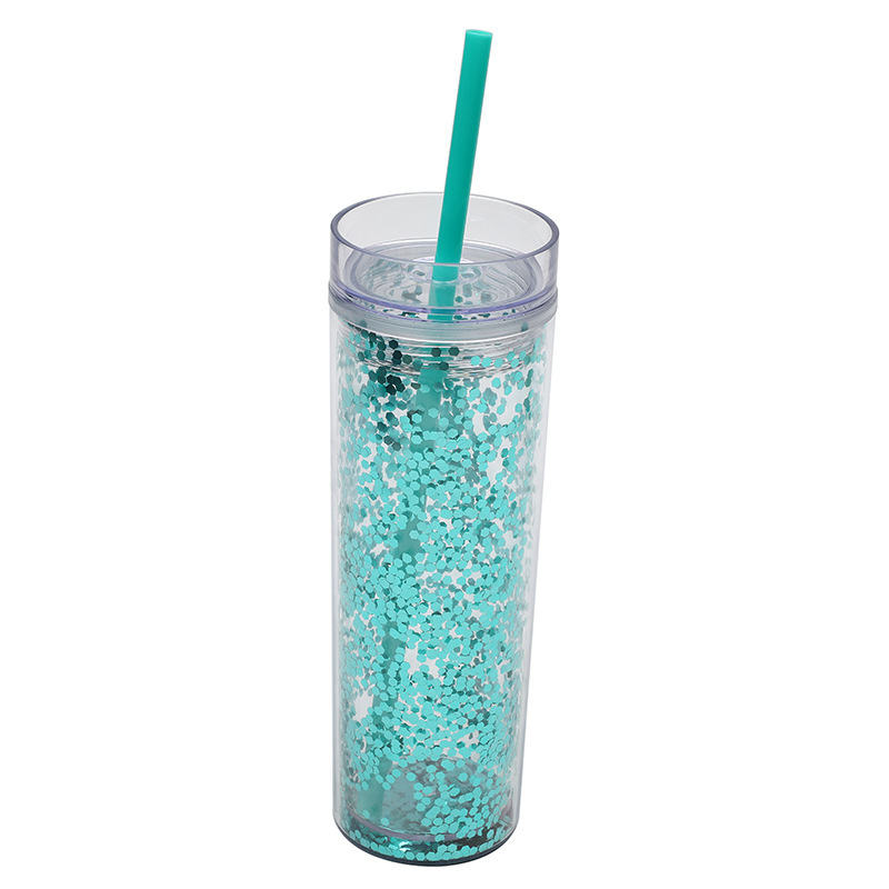 2022 Cross-Border Amazon New Gradient Color Rainbow Color Water Cup Straight Sequins Handy Double Plastic Straw Cup