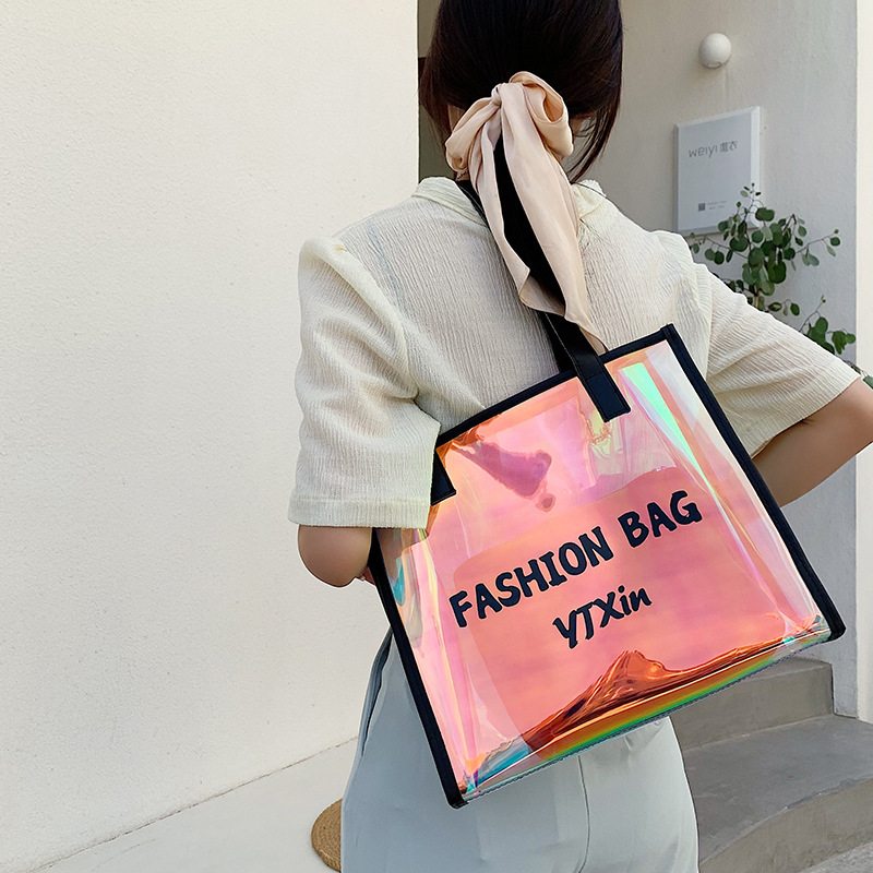 Trendy Letter Jelly Portable Transparent Bag Women's 2021 New Fashion Laser Big Bag Korean Style Beach Shoulder Women's Bag