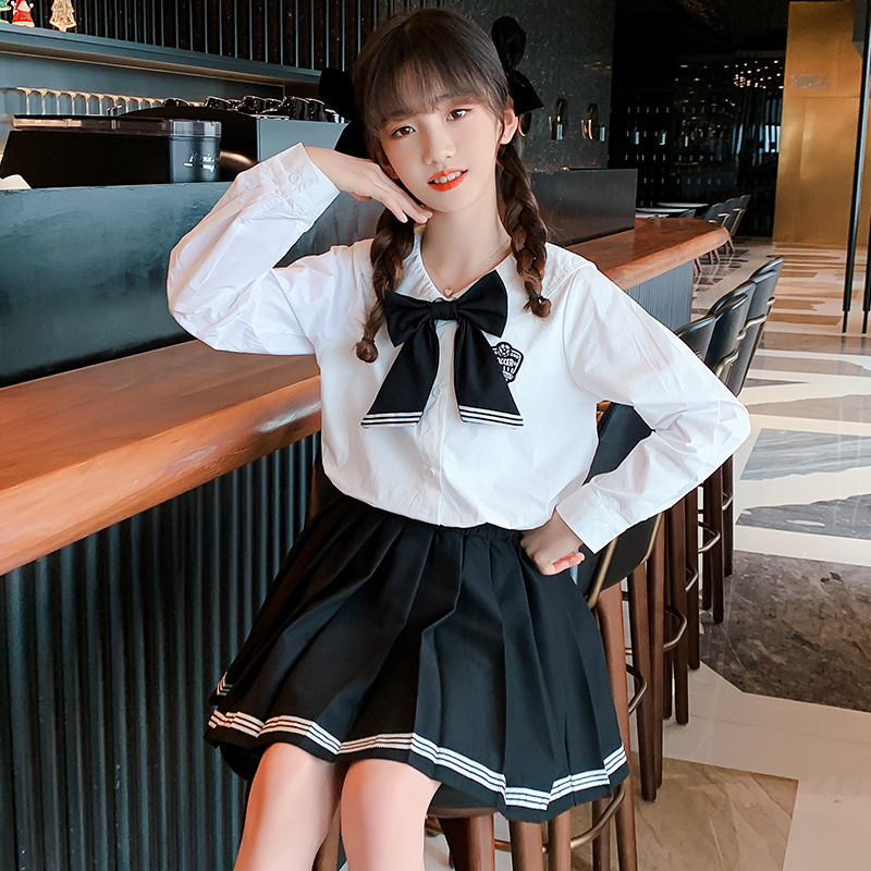 2022春秋季童装女童学院风蝴蝶结衬衣半裙两件套小学生jk制服套装
