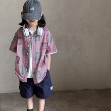 黑宿米可2024新款日系潮夏季中大童短袖格子衬衫T恤儿童上衣