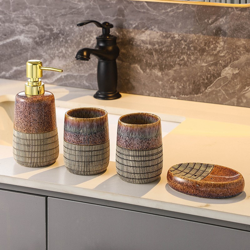 Creative Grid Bathroom Wash Decoration Household Bathroom Retro Ceramic Fambe Gargle Cup Lotion Bottle Four Pieces