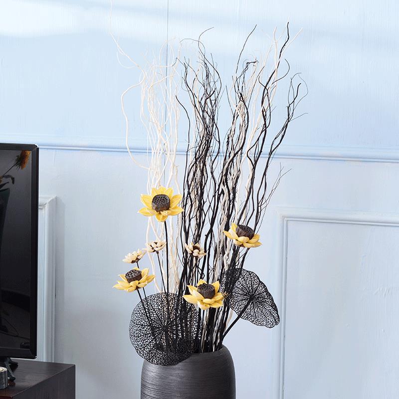 龙柳干花装饰摆件客厅摆设新中式家居装饰插花花瓶花束莲蓬真花