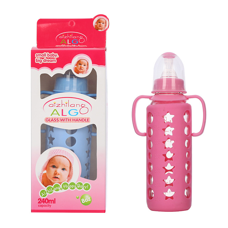 ALG Glass Feeding Bottle Baby Standard Caliber Nipple Bottle Monochrome Handle Strap Silicone Sleeve Newborn Glass Feeding Bottle