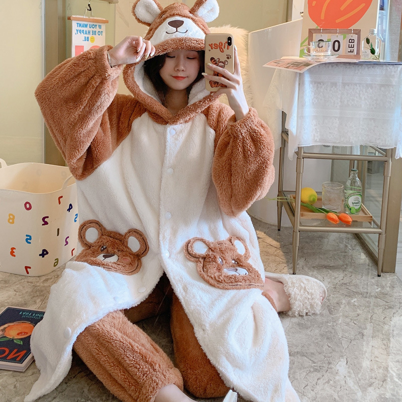 珊瑚绒睡衣女秋冬季睡袍加绒加厚可爱法兰绒连帽浴袍两件套家居服
