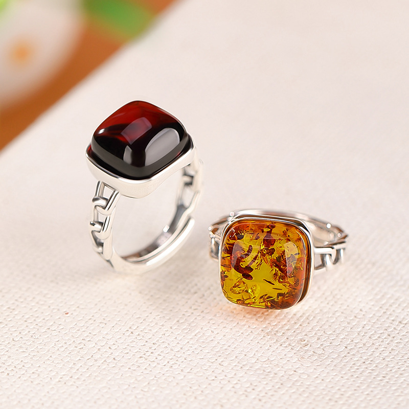 壹鹿银s925纯银血珀花珀复古做旧几何方形戒指气质简约银开口指环