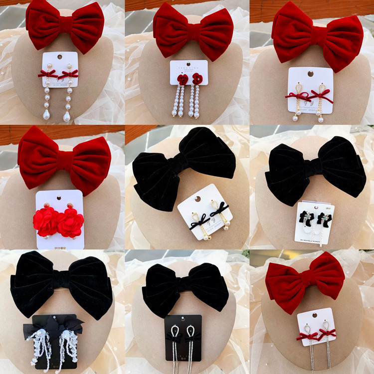 红色大蝴蝶结头饰女黑色发夹后脑勺发卡秋冬元旦跨年新年发饰