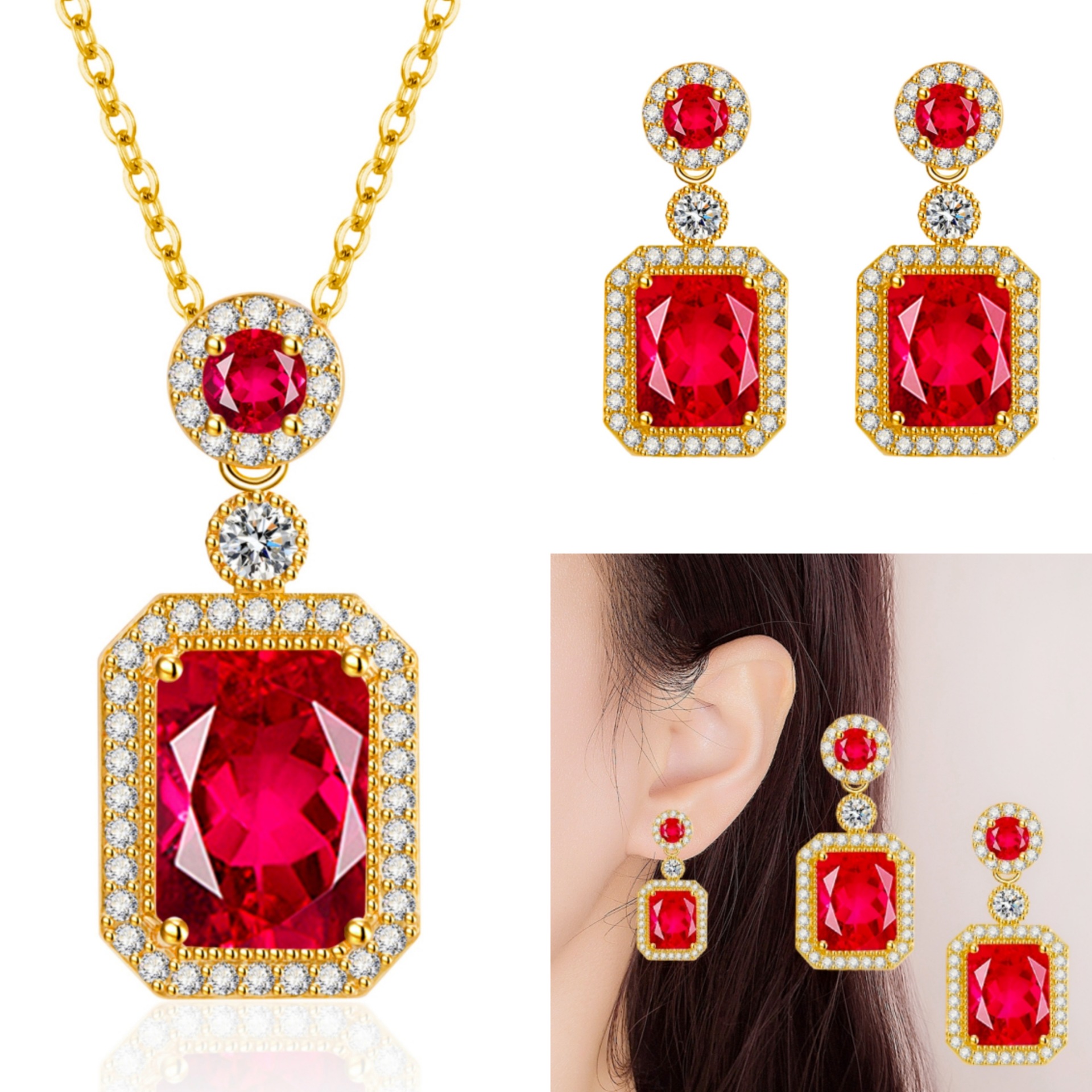 抖音快手直播微镶锆石彩宝耳钉吊坠项链 祖母绿人工培育宝石首饰