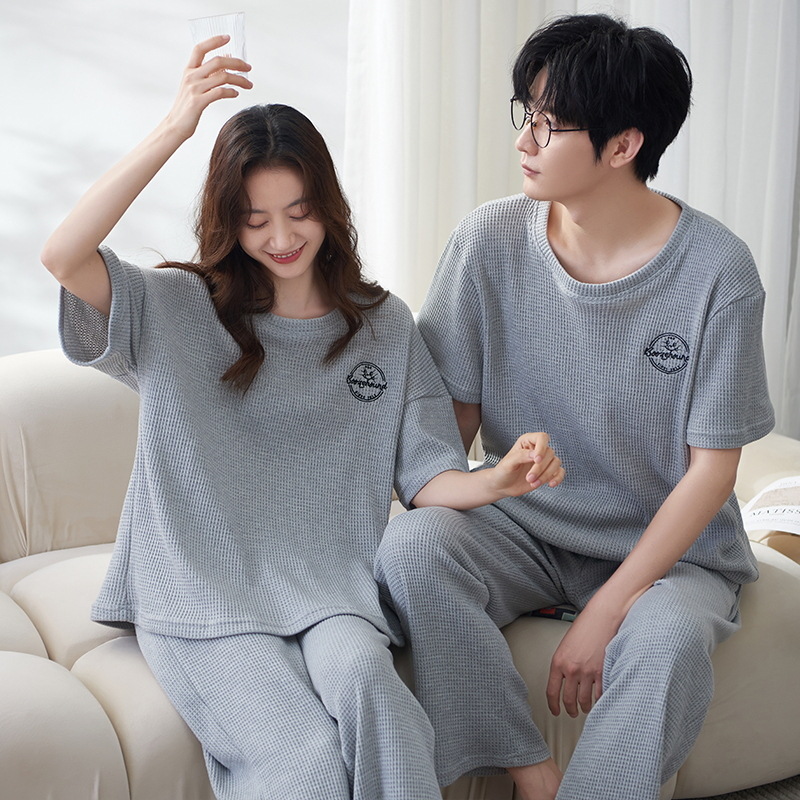 Couple Pajamas Women's Summer Waffle Short-Sleeved Trousers Korean Style Sweet Casual Men's and Women's plus Size Homewear Suit