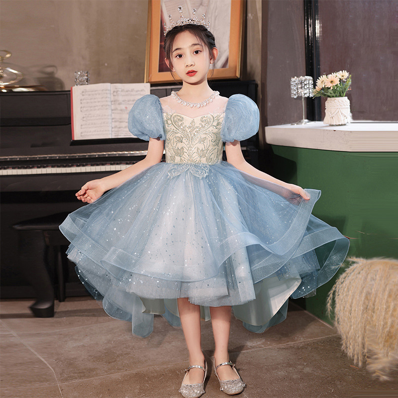 儿童礼服蓝色女童生日走秀高端公主裙花童小女孩主持人钢琴演出服