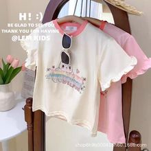 韩版童装24女童夏季新款甜美立体网纱装饰卡通花边短袖T恤打底衫1