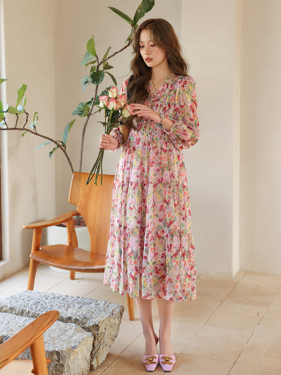 Rongtai Flower Blooming Summer Romantic Floral Silk Dress Early Spring Women's Clothing Elegant Pleated Silkworm
