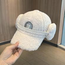 韩版羊羔毛棒球帽女冬季加厚保暖护耳帽子百搭字母软顶毛绒鸭舌帽