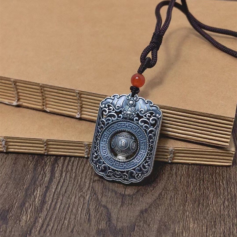 足银s999复古做旧六字真言吊坠福到方牌项坠镂空花丝时来运转项链