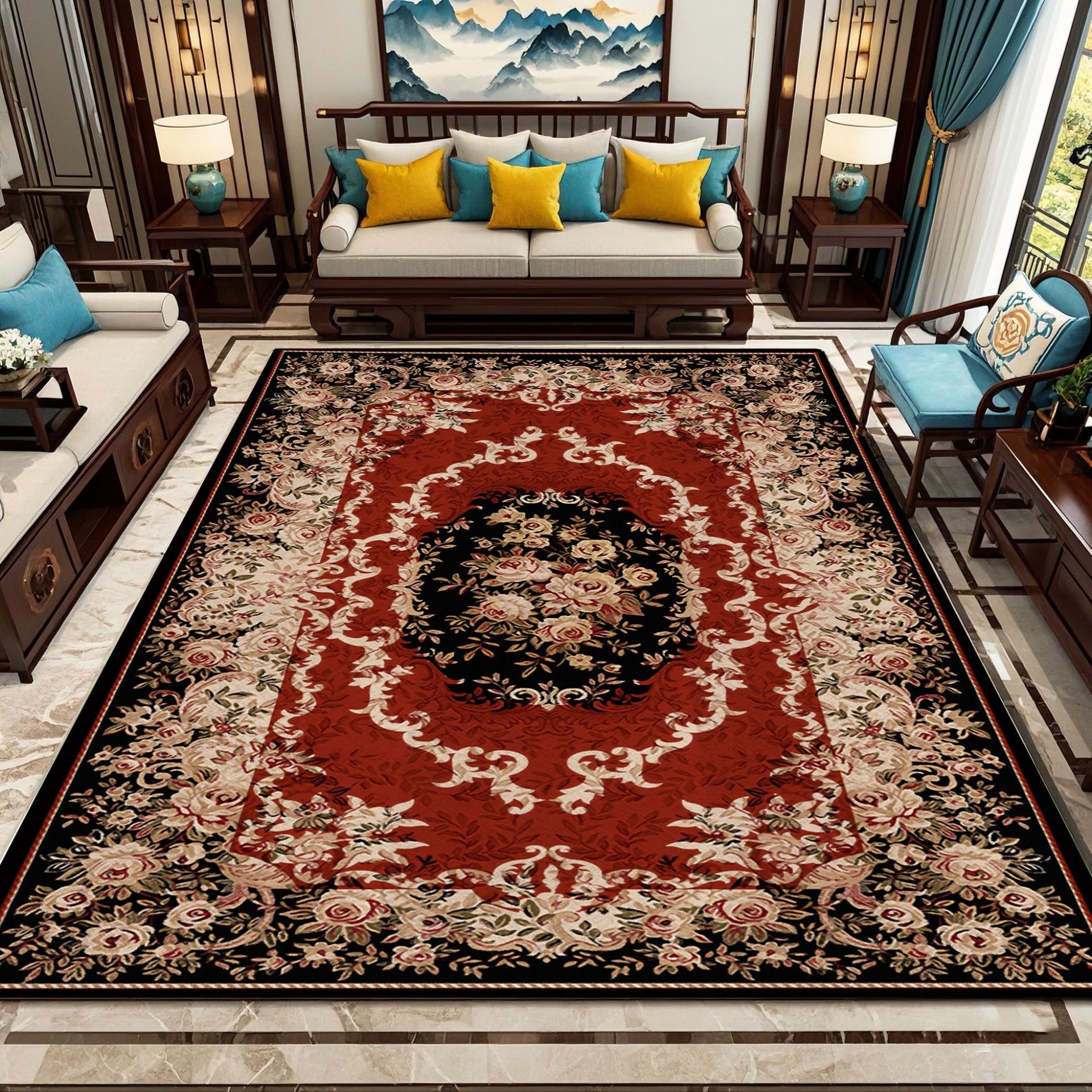 复古中式地毯大面积铺满客厅书房脚垫防滑易打理水晶绒地垫床边毯