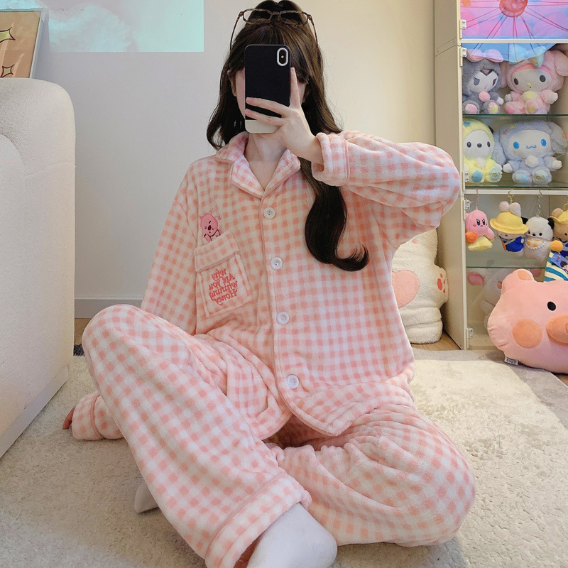 珊瑚绒睡衣女秋冬季加绒加厚格子可爱卡通可外穿法兰绒冬天家居服