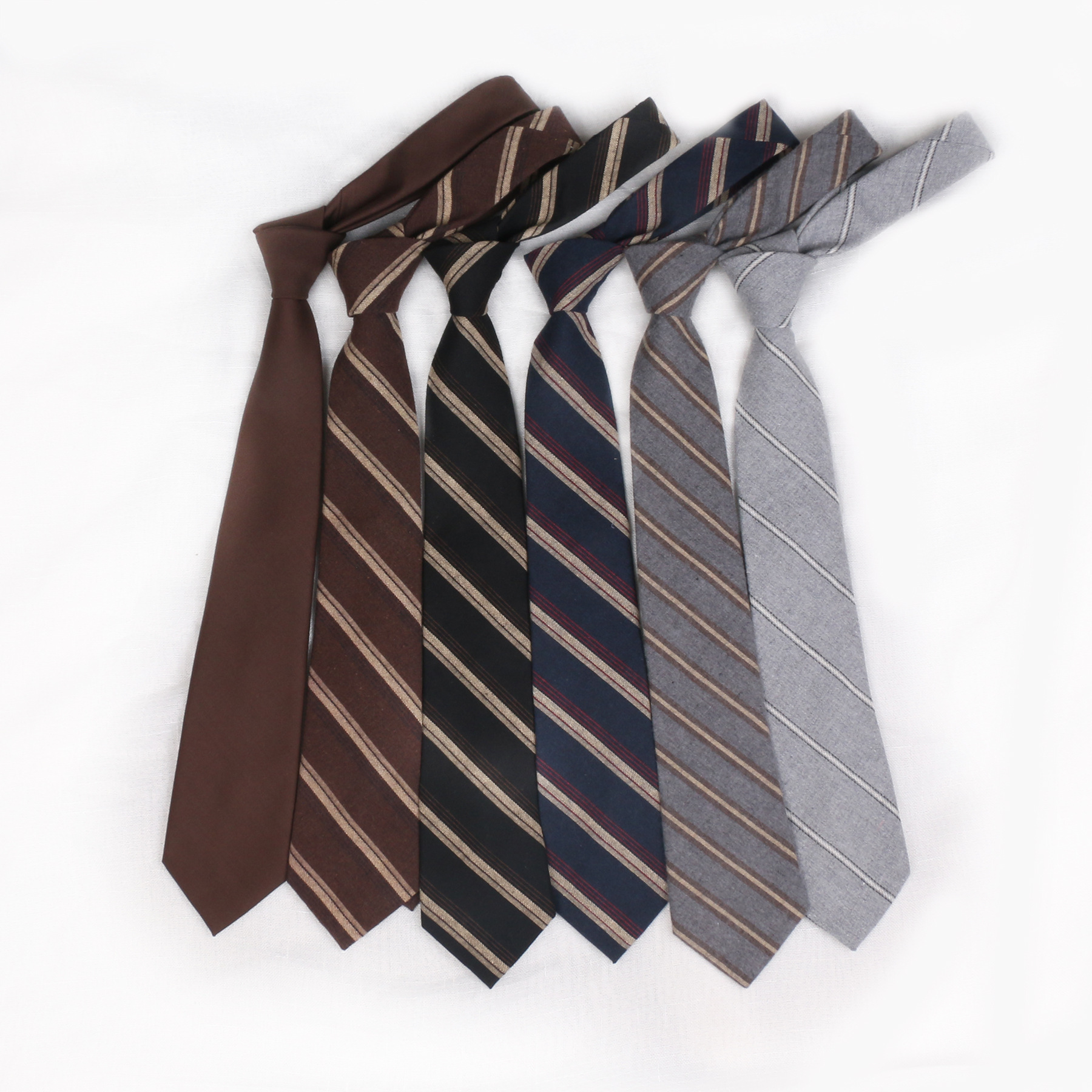 条纹领带男士英伦休闲棉麻混纺棕灰黑复古百搭衬衫西装配饰现货