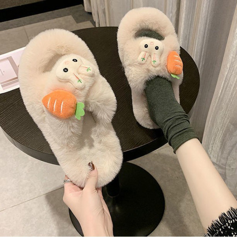 Cute Rabbit Cotton Slippers Women's 2023 Winter New Outdoor Non-Slip Thick Bottom Fluffy Slippers Women's Indoor Home