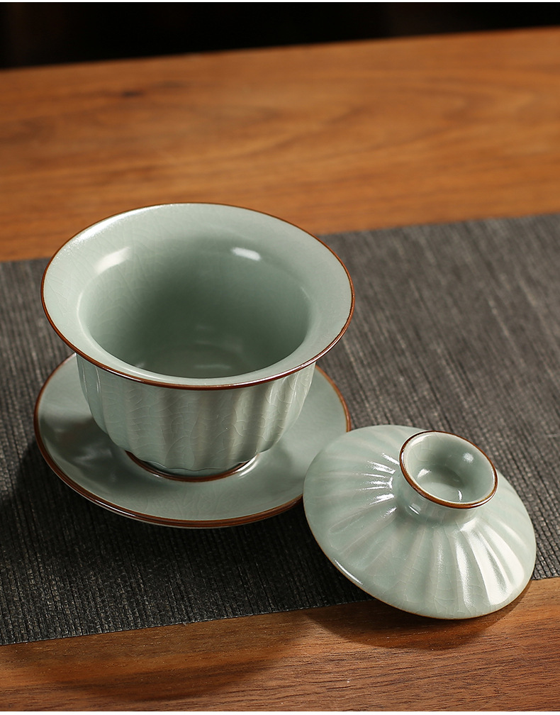 汝窑三才盖碗开片中式可养纯色功夫茶具单个家用陶瓷泡茶敬茶碗