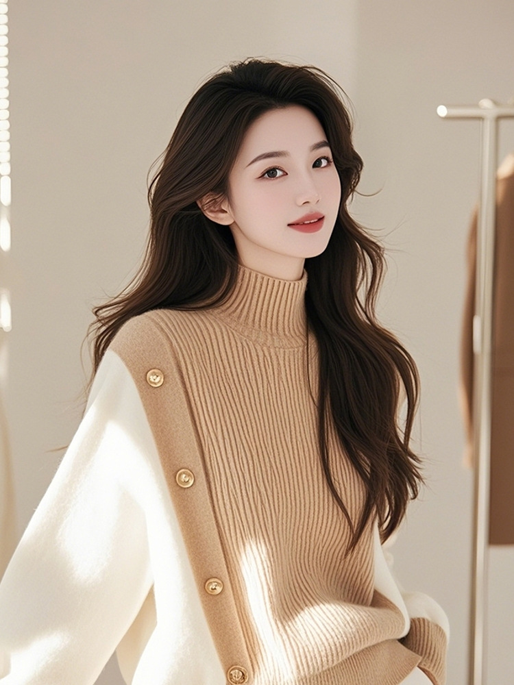 撞色高领针织衫毛衣女装2025秋冬新款设计感小众慵懒长袖上衣