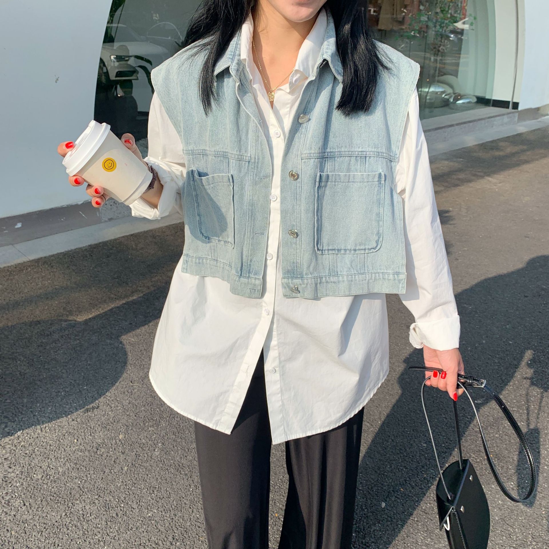 莉之绮气质假两件条纹衬衫女春季新款宽松牛仔马甲拼接上衣112100