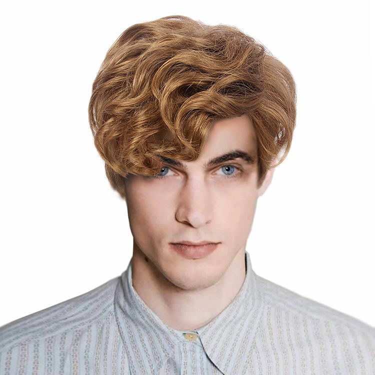 斯瑞泰男士假发4747欧美风美国热销斜刘海金色短卷发欧洲假发代发