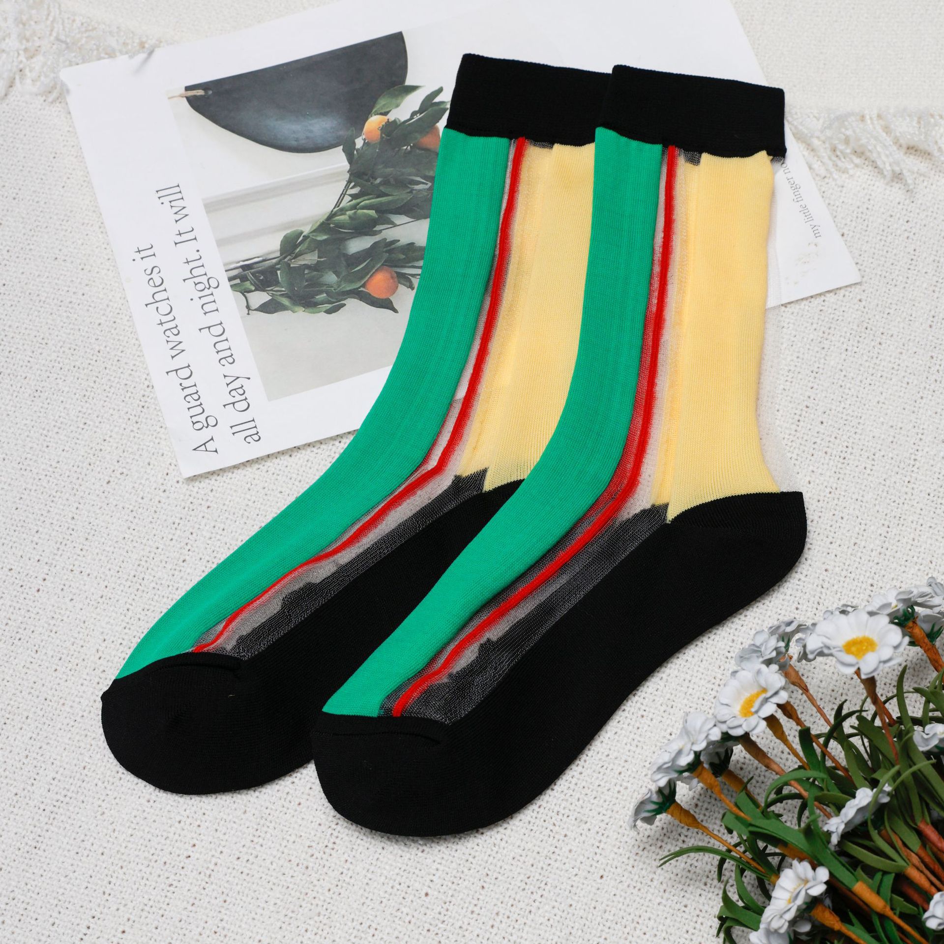 春夏撞色玻璃丝袜子女中筒ins潮彩色竖条水晶丝堆堆袜子网红潮袜