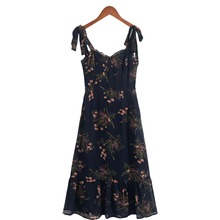 L24088-23秋季新款 法式纯欲风优雅修身印花花边绑带吊带连衣长裙