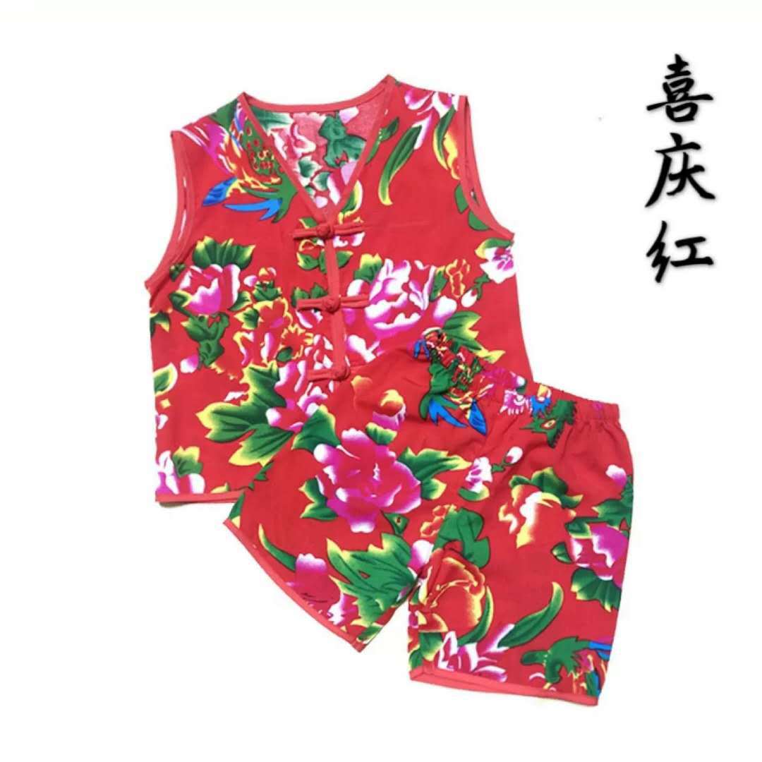 宝宝短袖短裤套装东北大花布民族风男女儿童小孩棉绵绸大花衣服