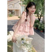 小个子粉色娃娃衫无袖上衣女夏季新款韩系ins甜美设计感小众背zb