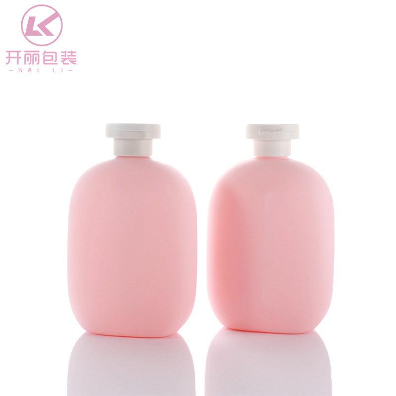 新款300ml粉色翻盖瓶 婴儿沐浴露瓶 PE扁瓶毛绒塑料分装瓶
