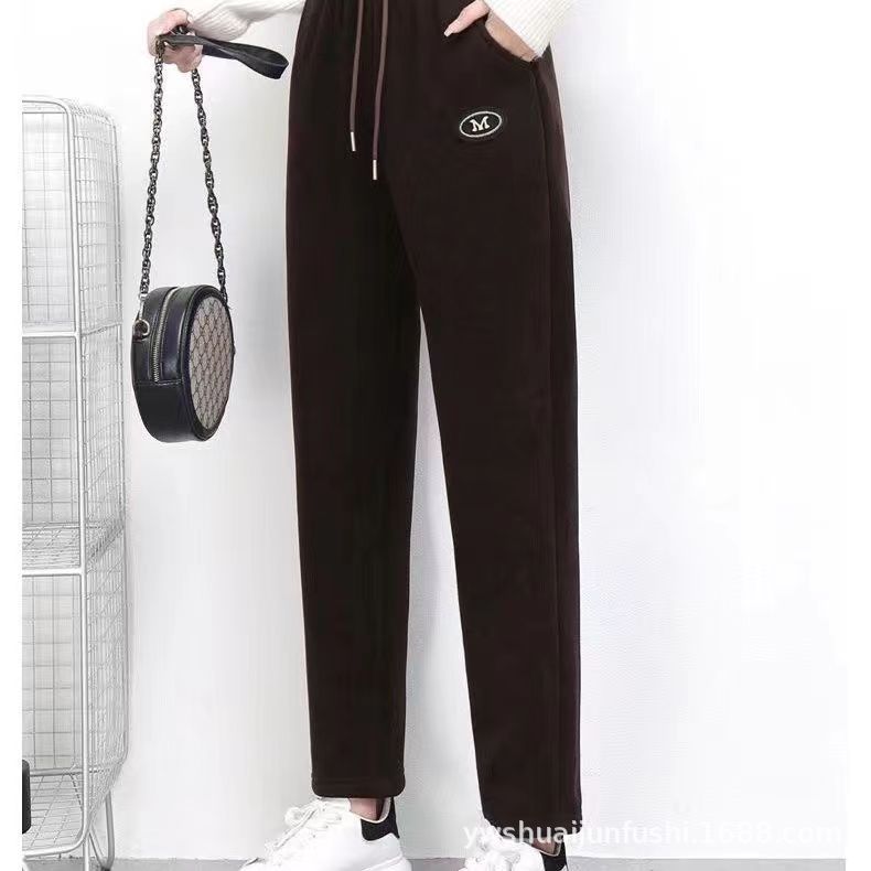 Autumn and Winter Casual Pants Fleece-Lined Thickened Wooden Cotton Velvet Women's Pants Slim-Fit Straight-Leg Pants High Waist Loose Elastic Outer Wear Casual Large