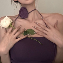 辣妹紫色花朵挂脖吊带背心女夏季内搭胸垫修身不规则抹胸上衣外穿