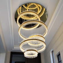 轻奢复式楼客厅水晶大吊灯现代简约别墅楼梯灯创意个性圆环长灯具