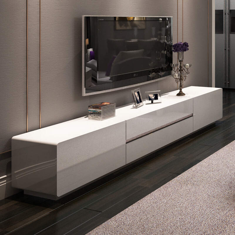 现代简约电视柜茶几组合小户型客厅带不锈钢条白色影视柜套装地柜